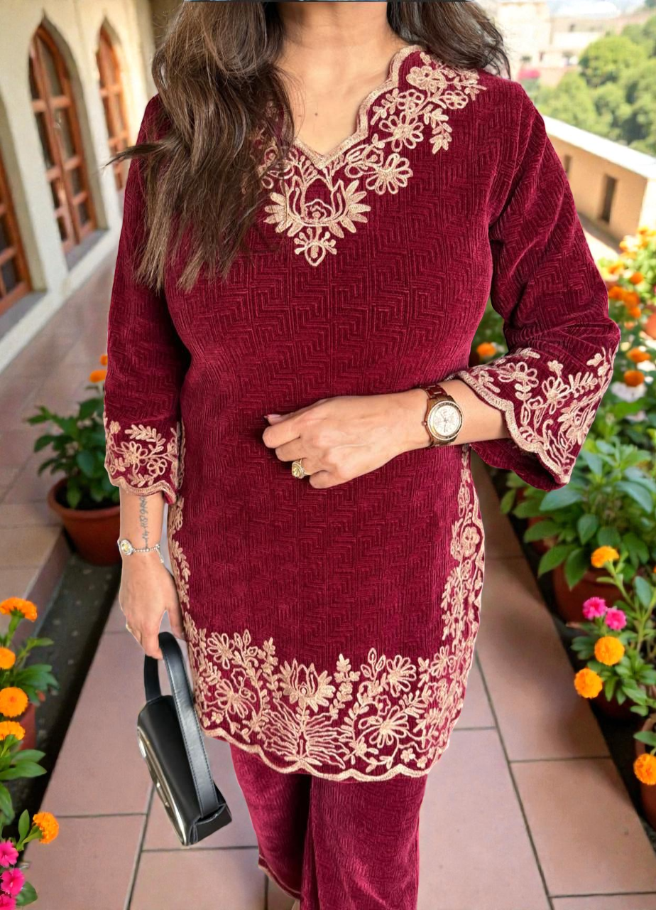 Winter Luxe Viscose Velvet Co-ord Set with Embroidered Top & Palazzo - Image 2