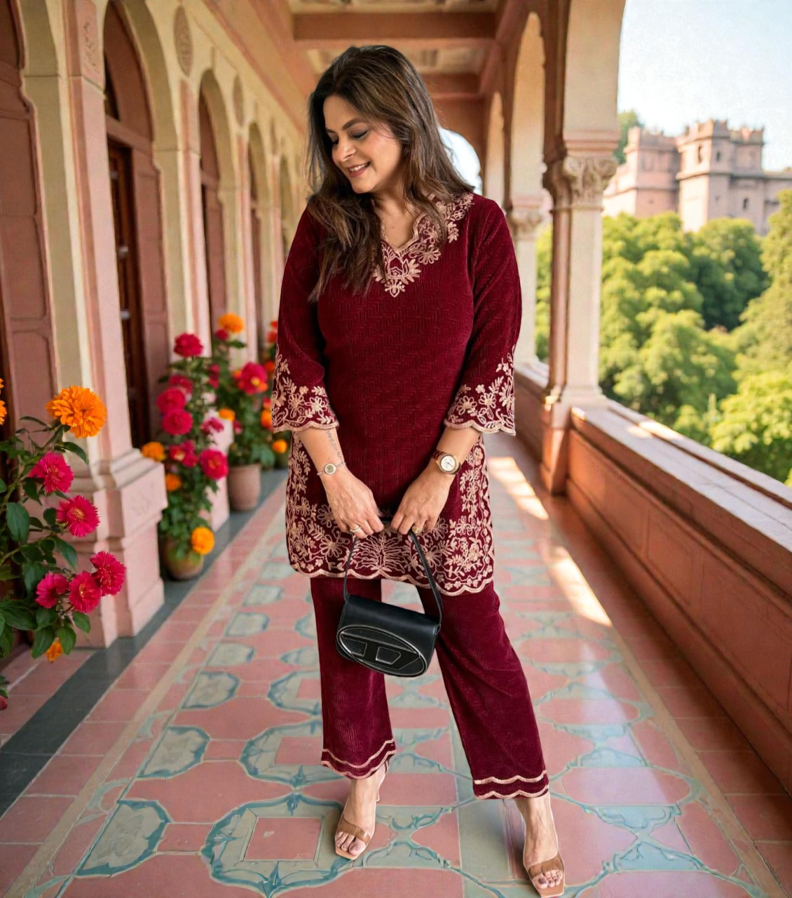 Winter Luxe Viscose Velvet Co-ord Set with Embroidered Top & Palazzo - Image 3