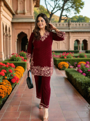 Winter Luxe Viscose Velvet Co-ord Set with Embroidered Top & Palazzo