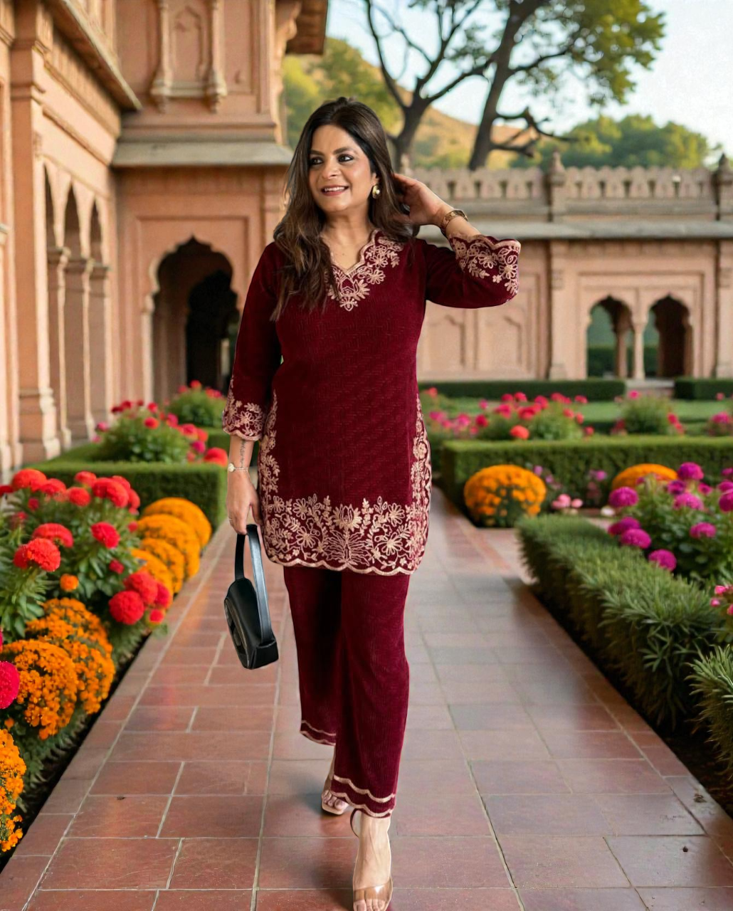 Winter Luxe Viscose Velvet Co-ord Set with Embroidered Top & Palazzo