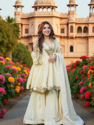 Designer Chinon Silk Festive 3-Piece Peplum Gharara Set with Mirror Work