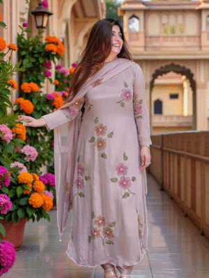 Elara Pink Diamond Print Chinon Silk A-Line Kurti Set