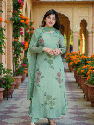 Elara Green Diamond Print Chinon Silk A-Line Kurti Set