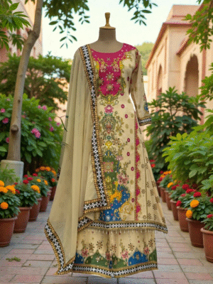 Raha Mirror Chinon Silk Kurti Palazzo Set